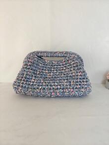 手工钩编手拿包，混色蓝色纱线，优雅手提包，带手柄，女士 - 彩色 - 查看 3