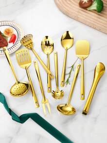 10 Piece Cooking Utensil Set Stainless Steel Kitchen Tool Set , Potato Masher, Meat Fork, Tongs, Turner, Pasta, Serving Spoon, Skimmer, Ladle, Spatula Spoon Set