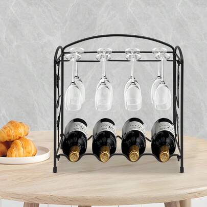 8-Cup 4-Bottle Foldable Wine Rack, Metal Freestanding Wine Rack With Hanging Glass Holder, 2-Tier Countertop Bar Storage For Kitchen, No Tools Assembly, Space Saving, Retro Design In Black & Matte Bronze