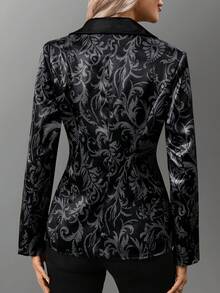 Áo khoác blazer dáng ôm tay dài, cổ khoét chữ V thanh lịch, đơn hàng khuy, chất liệu vải jacquard cho nữ, mùa xuân/thu - màu đen - Xem 3