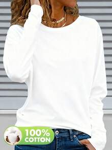 女士100%纯棉黑色长袖休闲圆领T恤 - 白色 - 查看 6