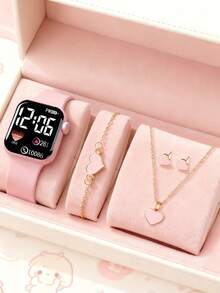 5件套，时尚可爱方形电子手表，适合青少年和女孩佩戴，搭配爱心主题首饰套装，包括项链、耳环和手链。这是一款适合女孩的圣诞礼物，也适合各种场合，例如派对、聚会、圣诞节、感恩节、情人节等节日，以及生日和开学季礼物。