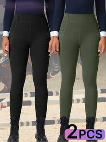 2 piezas Pantalones de montar de cintura alta con control de abdomen, transpirables para mujer. Pantalones de montar con bolsillos, agarre de silicona, secado rápido, elásticos y cómodos con ajuste ceñido, aptos para equitación, deportes al aire libre