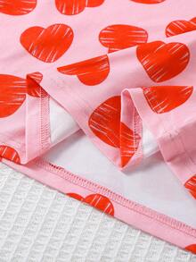 Young Girl's Casual School Style Cute Heart Print Round Neck Puff Sleeve A-Line Dress, Spring/Summer/Autumn - Pink - View 7