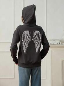 Women's Casual Graphic Print Loose Fit Thermal Lined Hoodie Sweatshirt, Long Sleeve, Winter - Dark Grey - View 2