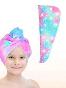 1pc Girls' Ultra-Fine Fiber Hair Drying Towel, Quick Dry, Button Closure, Suitable For Wet Hair, Dark Unicorn Pattern - Multicolor - View 11