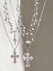 2件套水钻星星十字架流苏项链，闪亮锆石高端独特哥特式颈链，Y2K风格