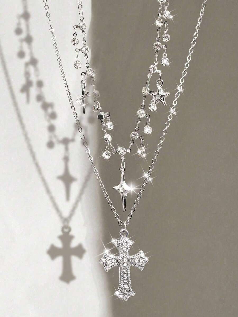 2件套水钻星星十字架流苏项链，闪亮锆石高端独特哥特式颈链，Y2K风格