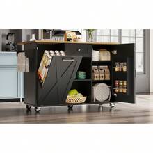 Modern Kitchen Island, Kitchen Cabinet, Buffet Cabinet, Wood Texture Food Cart, Multifunctional Dining Table With Storage Space, Food Cart With Snack Shelves, Black