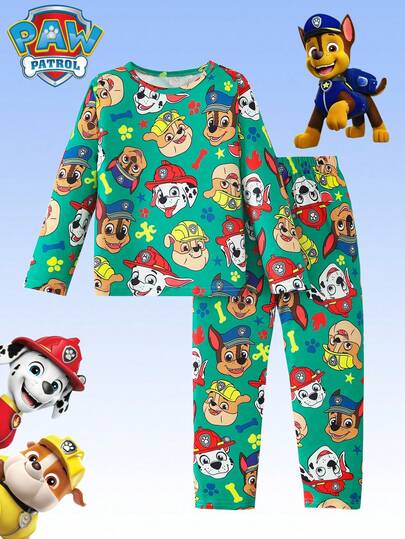 Paw Patrol 两件套汪汪队男童睡衣套装，可爱卡通印花灰色圆领长袖T恤和长裤，秋冬季男童睡衣套装，适合日常休闲和节日礼物