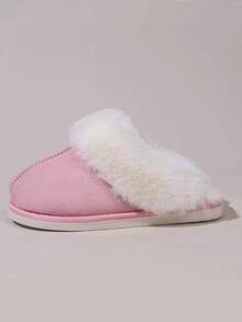 Women's Solid Color Plush Lining Thick Anti-Slip Flat Casual House Slippers, Suitable For Autumn/Winter - Pink - View 6