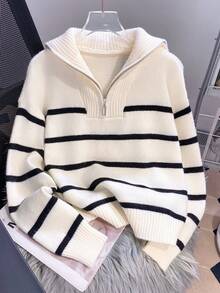 Women's Striped Casual Zip-Up Loose Knit Sweater With Turndown Collar, Long Sleeve - Black - View 4