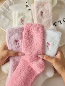 1Pair Mink Plush Bow Fluffy Mid-Calf Socks, Cute & Sweet Mid-Calf Socks, Thick & Warm For Home, Sleep, Bow Pattern, Soft & Comfortable, Suitable For Autumn/Winter Christmas Gift - 彩色 - 查看 8