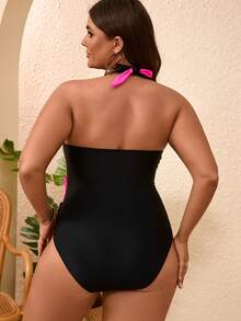 New Plus Size Color Block Lace-Up Supportive Backless Sexy One-Piece Bikini Swimsuit For Women