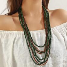 1pc Wood Bead & Glass Bead Bohemian Style Multi-Layer Necklace For Women - Army Green - View 1