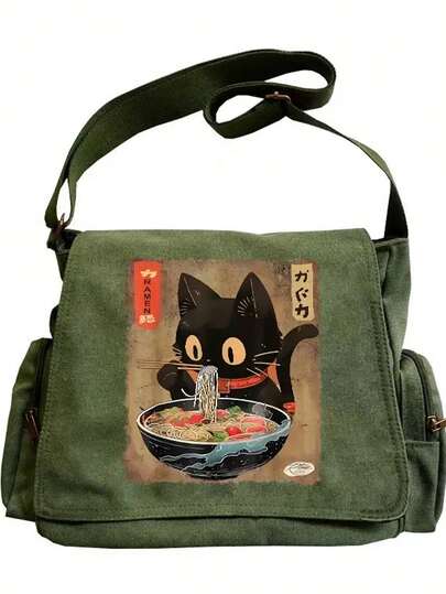 Large Capacity Shoulder Bag, Anime Cat Ramen Print, Unisex Flap Tote Crossbody Bag, Vintage Messenger Bag, Laptop Bag, Suitable For Various Occasions Like Going Out, School, Shopping, Travel, Dining, Great Gift Choice