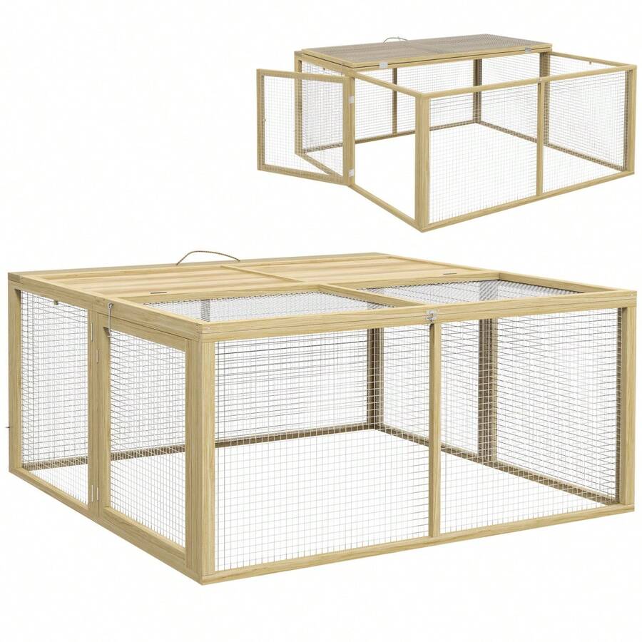 PawHut Wooden Foldable Rabbit Hutch, Small Animal Hutch, Free Movement Enclosure, Foldable Roof, Natural Rabbit Hutch For Guinea Pigs 120x120x57cm