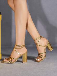 Giày cao gót mũi vuông màu vàng thời trang dự tiệc tối giản, thoải mái, đa năng cho nữ - Vàng - Xem 5