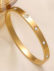 Luxury Elegant Fashion Four-Leaf Clover Nail-Shaped Inlaid Zirconia Textured Four-Leaf Clover Bracelet Stainless Steel Women's Bracelet Set, Suitable For Daily Wear, Formal Occasions, Dates, And Gift-Giving - Yellow Gold - View 11