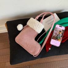 1 Peça Bolsa de Ombro Aberto com Patch de Pelúcia e Falso Camurça com Design de Bota para Meninas, Bolsa Transversal Adequada para Outono/Inverno, Festa de Natal