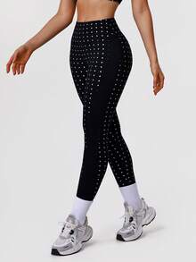 Sodalemon 女士弹力腰带波点休闲健身紧身裤户外训练运动健身紧身裤跑步裤无前缝瑜伽紧身裤 - 黑色 - 查看 5