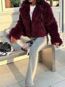 Seelio Women's Autumn/Winter Faux Fur Short Jacket, Warm, , Oversized, Fashionable, Viral New Arrival Thick Winter Coat - Burgundy - View 2