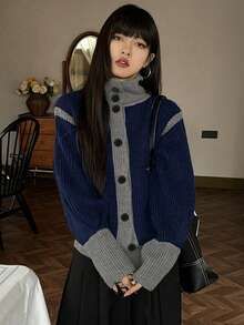 Áo khoác cardigan dệt kim phối màu tương phản, thiết kế retro giản dị, độc đáo, thích hợp cho mùa Thu/Đông. - Hải quân - Xem 2