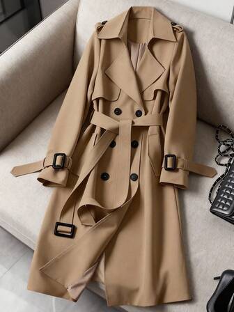 女士百搭优雅秋冬风衣，时尚通勤休闲长款风衣，英伦风中长款外套