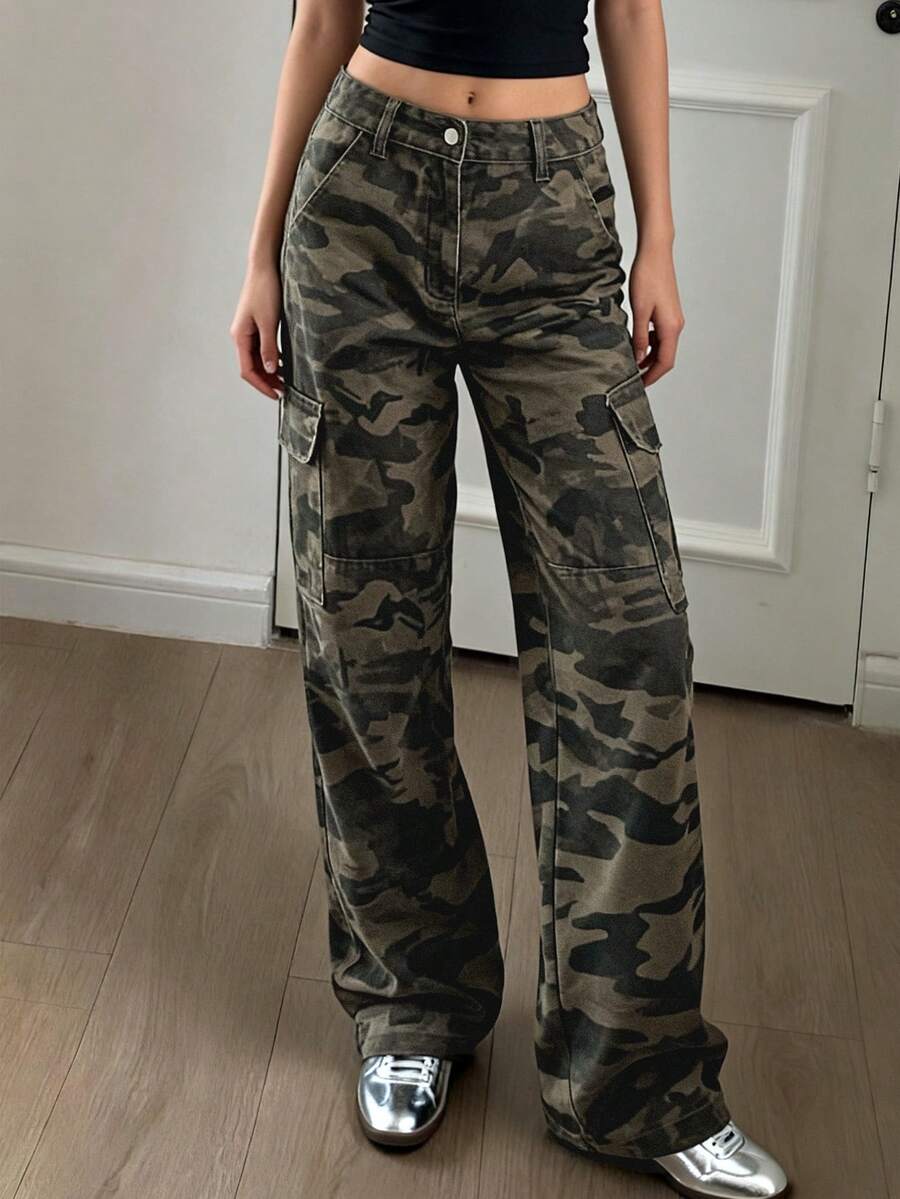 Livesso 美式复古迷彩工装裤，宽松直筒多口袋水洗做旧休闲裤，女款 - 軍綠色 - 查看 1