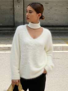 Livesso Suéter holgado con cuello de pico y diseño de cuello caído, para otoño/invierno - Beis - Ver 4