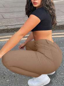 Apperloth A 加大高腰口袋拉链门襟纯色紧身裤