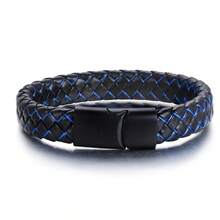 1 件全黑皮革男士手链，朋克风格皮革腕带，配钛钢编织皮绳