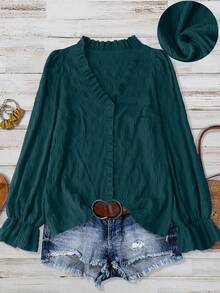 Blusa holgada de manga larga con cuello en V y volantes en el bajo, de unicolor y textura, para mujer de talla grande - Agua verde azul - Ver 1