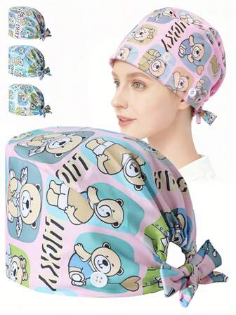 1顶女士卡通动物熊印花工作帽/护士帽 - 两侧带纽扣，方便佩戴口罩，后部可调节松紧带，适合各种头围，适合医生、护士、美容师、牙医、兽医等医务工作者佩戴。