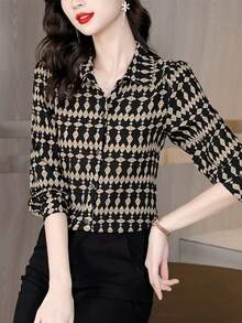 YUXIN 女士春夏复古几何印花衬衫，翻领长袖，日常通勤/轻度社交场合，透气修身时尚休闲上衣，黑色 - 黑色 - 查看 8