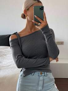 Livesso Femmes Couleur Unie Décontractée T-Shirt Col Asymétrique à Lacets, Manches Longues Printemps Automne Femmes Hauts Épaules Dénudées - Gris - Voir 1