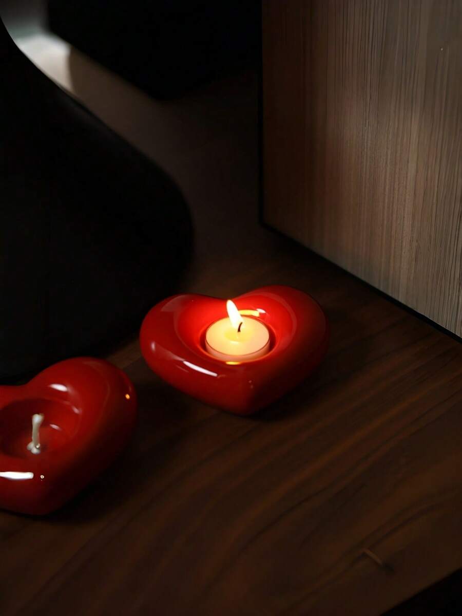 1pc Modern Minimalist Ceramic Candle Holder, Heart-Shaped Design, Smooth Glaze, Creative Tea Light Candle Holder, Suitable For Valentine's Day/Wedding/Holiday Tabletop Decor, Home Dining Table Display Accessory, Ceramic Heart-Shaped Candle Tray, Holiday Atmosphere Decorative Item - Multicolor - View 1