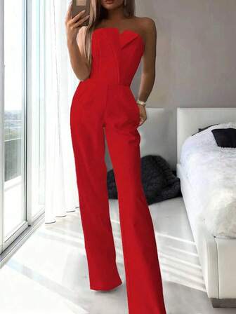 Women's Solid Color Minimalist Elegant Tube Straight Leg Jumpsuit,Elegant Sexy Spring Summer, High Waist Slim Fit Office Date