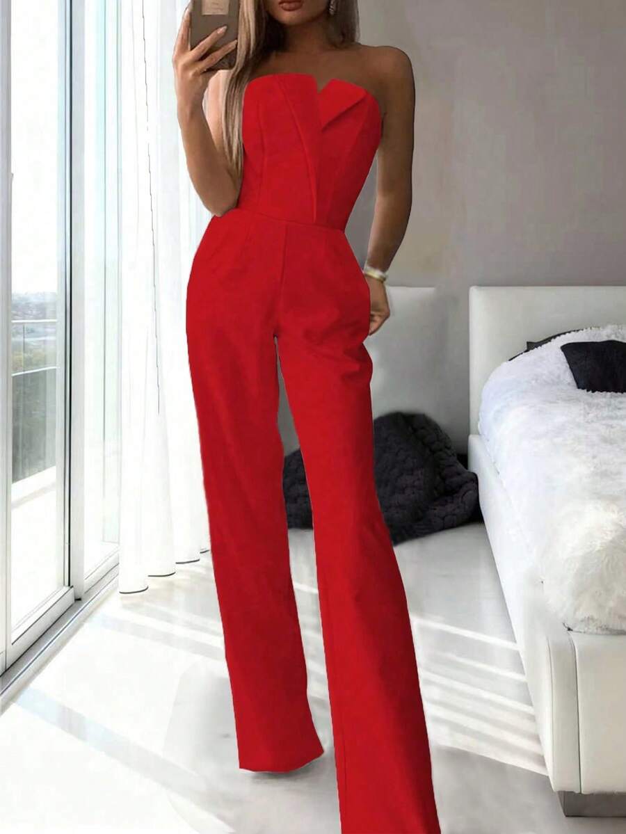 Women's Solid Color Minimalist Elegant Tube Straight Leg Jumpsuit,Elegant Sexy Spring Summer, High Waist Slim Fit Office Date - Red - View 1