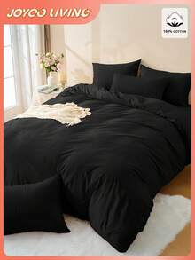 2/3件套纯色被套套装，床上用品，超柔软抗起球，亲肤透气，四季皆宜，可机洗，时尚卧室/婚礼装饰，多种尺寸可选，不含被芯和枕芯，家居必备，带拉链，卧室装饰，送父母/朋友的礼物，黑色 - 黑色 - 查看 1