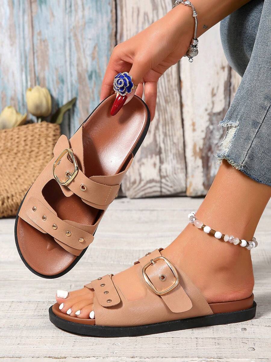 杏色条纹可调节套脚朋克风双层底休闲百搭通勤时尚沙滩凉鞋 - 杏色 - 查看 1