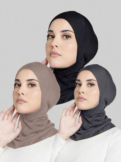 3pcs Women Fashion Solid Color Combo Set, Elastic Seamless Hijab Cap Scarf, Suitable For Daily Wear Abaya