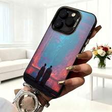 Cubierta de telefono con diseño de pareja al atardecer azul y rojo para iPhone 14 Pro Max funda protectora con estampado artístico para uso diario en cafeterías - Negro - Ver 6