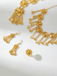 18K镀金奢华复古女士首饰套装，优雅方形设计，包含项链、耳环、手链和戒指，适合尼日利亚、迪拜、中东、沙特阿拉伯等地佩戴，可用于新娘婚礼、日常佩戴、周年纪念礼物和万圣节礼物。 - PSJT-342 - 查看 4