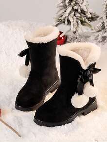 Botas de invierno para niñas, botas de nieve de princesa de nueva moda con lazo, botas altas con forro térmico grueso y cálido contra el frío para Navidad, botas altas rojas para niños grandes - Negro - Ver 18