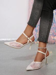 新款加大码女式舒适简约尖头网布镂空细高跟凉鞋，休闲时尚户外沙滩夏季鞋 - 白色 - 查看 2