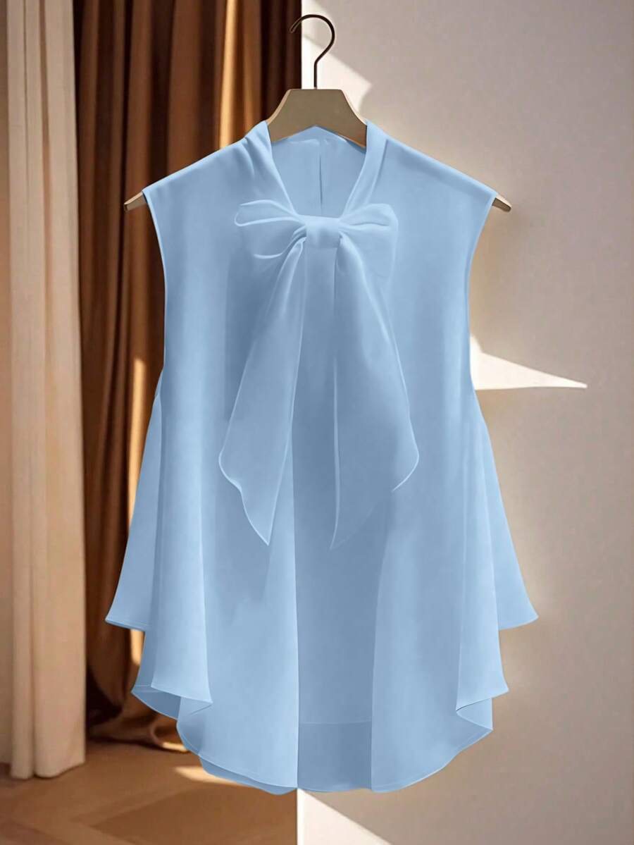 女士纯色时尚优雅休闲前短后长蝴蝶结领无袖上衣，夏季