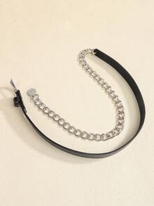 新款秋季金属链条与PU材质组合女士腰带，百搭装饰，可搭配西装、衬衫 - 黑銀色 - 查看 6