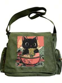 大容量单肩包，动漫猫咪拉面印花，男女通用翻盖手提斜挎包，复古邮差包，电脑包，适合外出、上学、购物、旅行、用餐等各种场合，是馈赠佳品。 - 軍綠色 - 查看 8