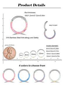 时尚蛋白石鼻环，316L不锈钢材质，鼻中隔环，男女通用耳环，身体穿刺饰品，低过敏性，易于清洁，铰链式闭合设计，适用于耳软骨、耳廓、耳垂、耳屏、耳廓内侧等部位。 - N051 - 查看 5